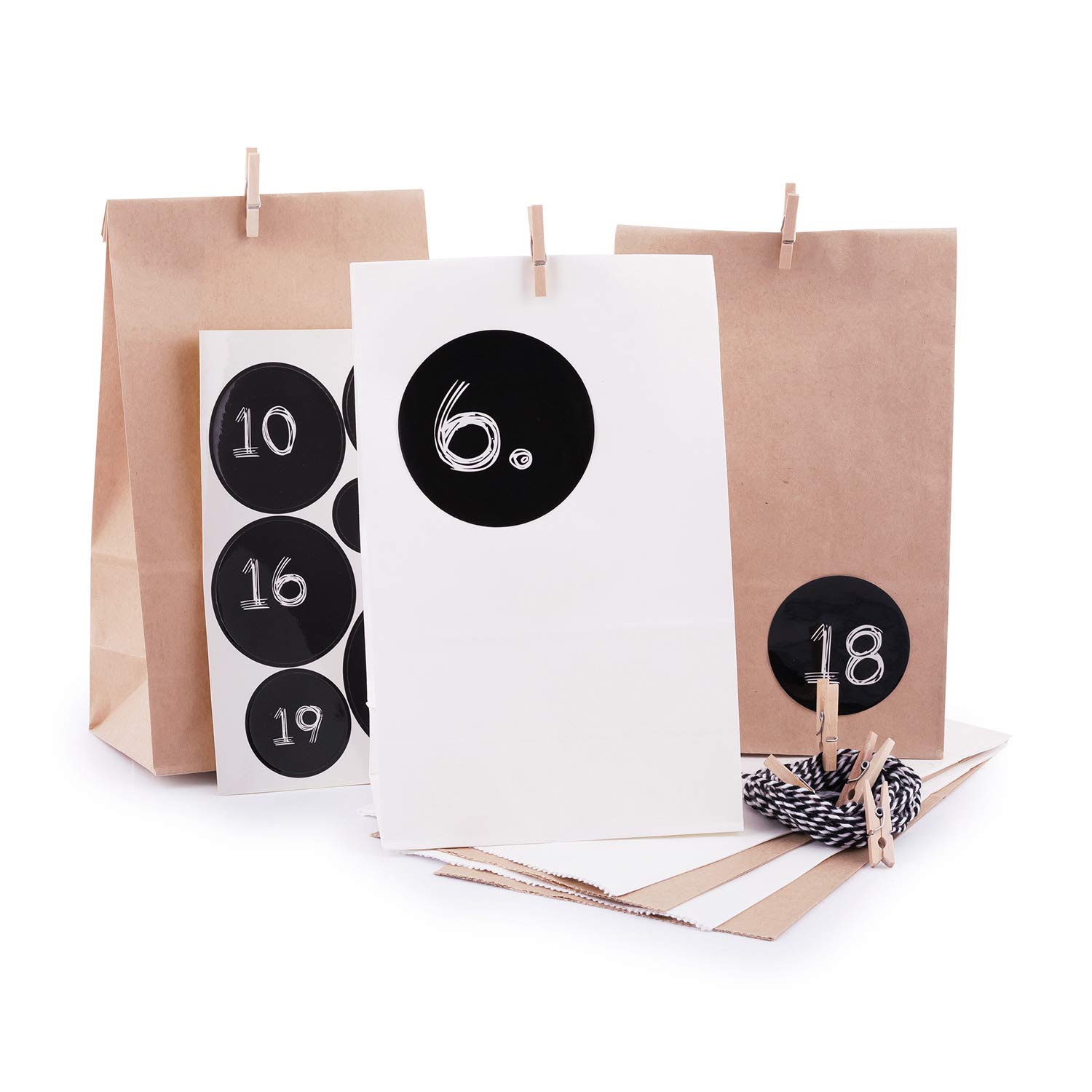 pajoma Advent Calendar for Filling Modern - 24 Kraft Paper Bags in White & Brown - DIY Christmas Calendar Craft Set with Number Stickers, String & Wooden Pegs — image 1