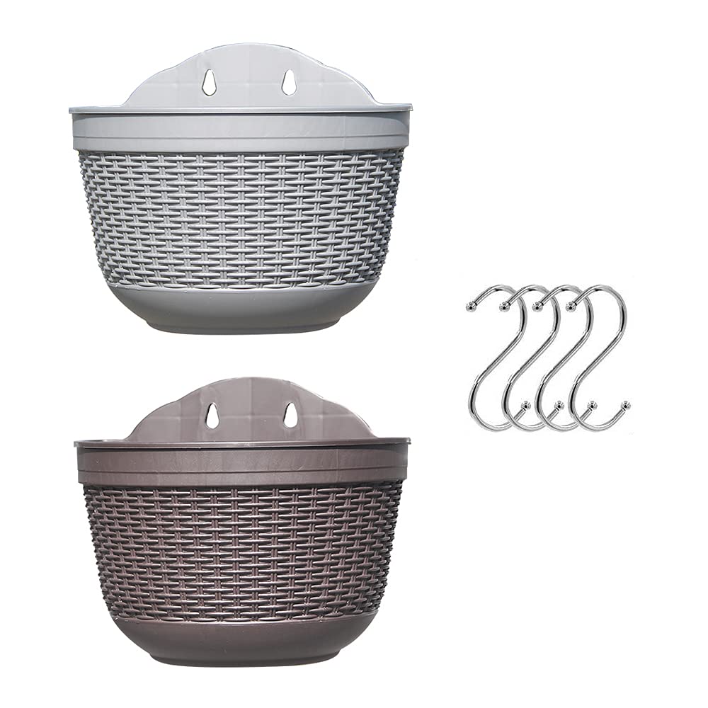 Set of 2 Pcs Hanging Planters Outdoor Hanging Basket Plastic Flower Pot Plants Holder Hanger for Balcony Fence Wall Mounted Planters Hanging Fence Planters with Drainage and Hooks Wall Fence Plant Pot