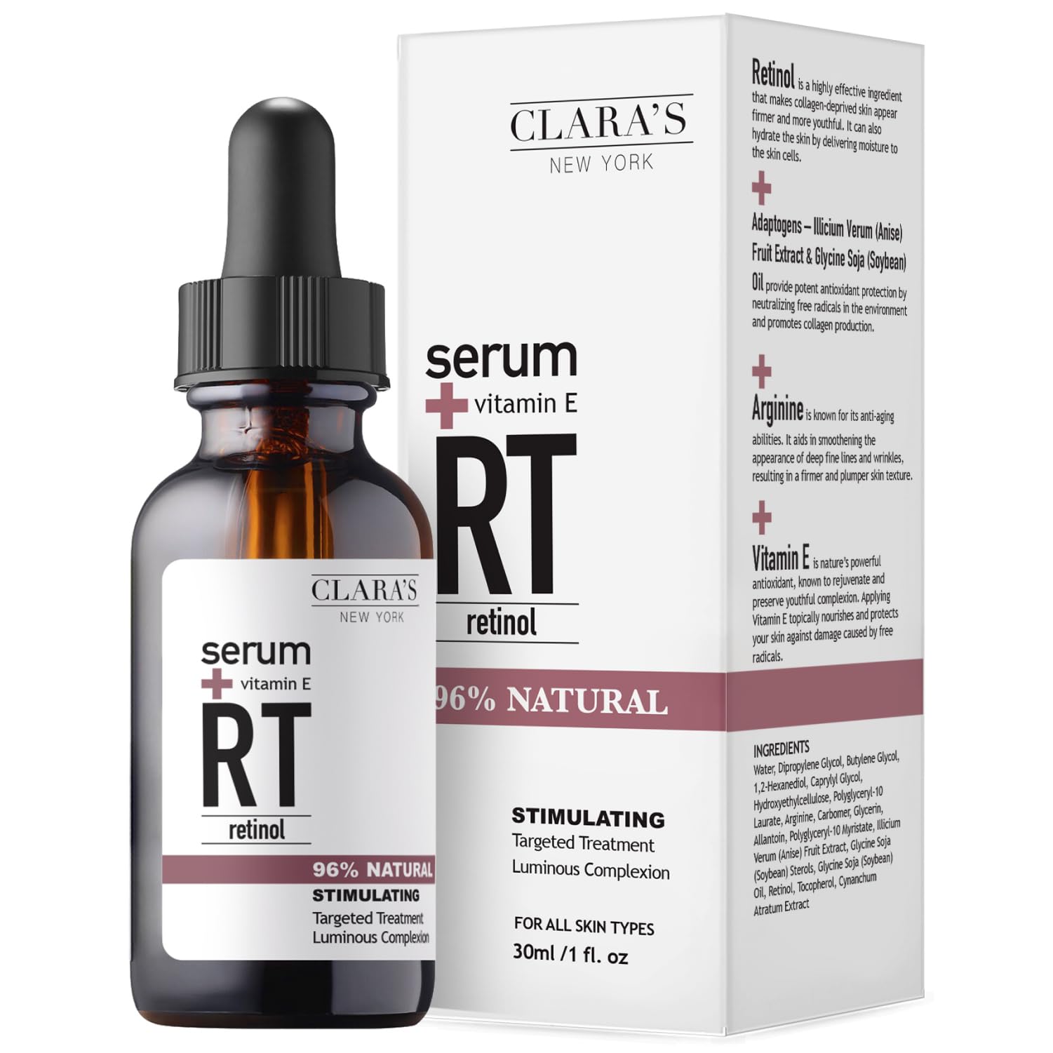 Clara's New York Stimulating Retinol Facial Serum Reduces Fine Lines and Wrinkles, For all Skin Types 30ml