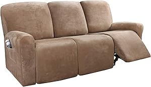 H.VERSAILTEX 8-Pieces Recliner Sofa Covers Velvet Stretch Reclining Couch Covers for 3 Cushion Sofa Slipcovers Furniture Covers Form Fit Customized Style Thick Soft Washable(Large, Camel)