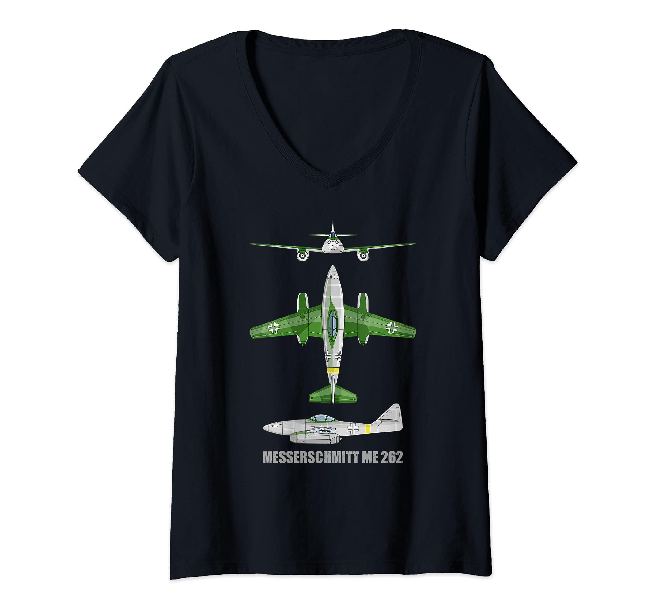 Womens Messerschmitt Me 262 German WW2 Jet Fighter Plane Diagram V-Neck T-Shirt