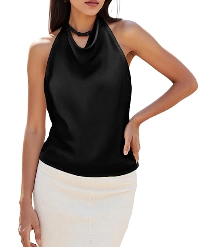 Womens Mock Neck Satin Tank Tops Backless Silk Halter Top Sexy