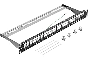 VCELINK 24-Port All Metal Blank Keystone Shielded Patch Panel, 1U Rackmount Housing with Cable Management Bar and Ground Wire, Compatible with RJ45, HDMI, and Blank Keystone, 19 Inch