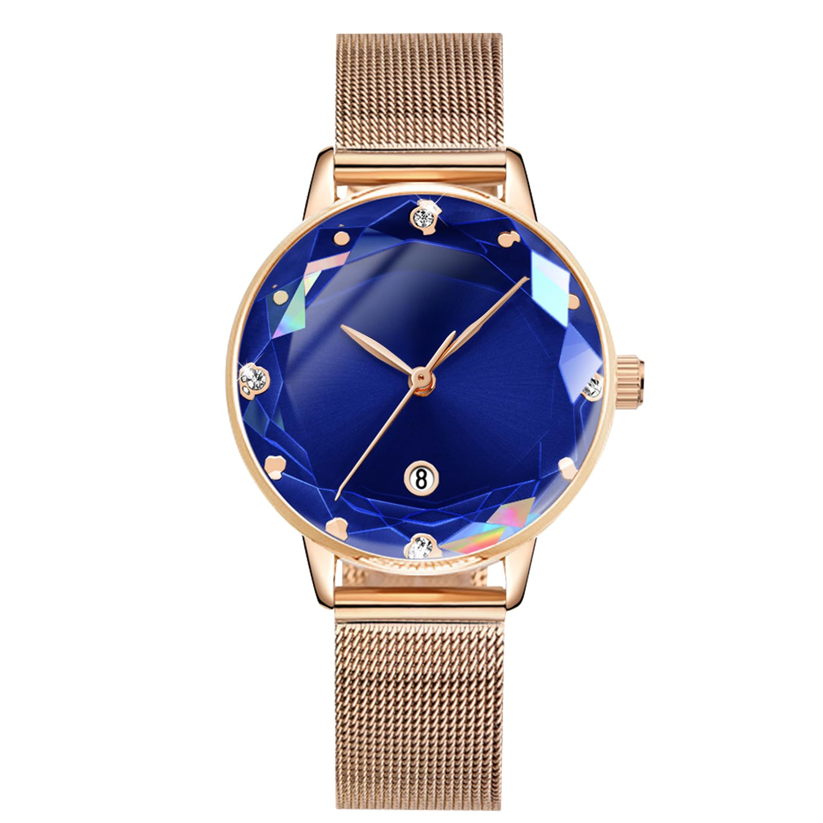 RORIOS Women Watches Analogue Quartz Watch Crystal Simulated Diamond Dial with Date Mesh Strap Stylish Ladies Wristwatches