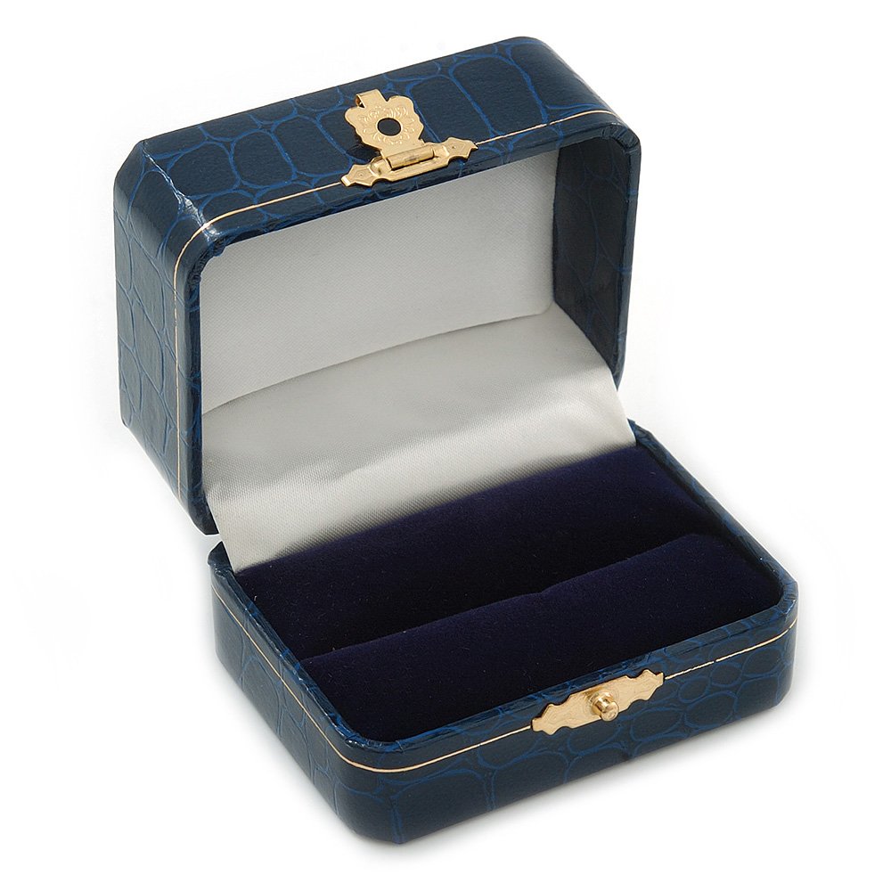 Avalaya Victorian Style Dark Blue Snake Leatherette Box for One & Two Rings With Gold Tone Metal Closure