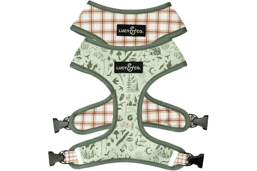 Lucy & Co. Reversible Dog Harness - Water-Repellent Neoprene, Dual-Print Design, Easy Swap Style, Adjustable Comfort Fit - Camp Out Reversible Harness - Medium