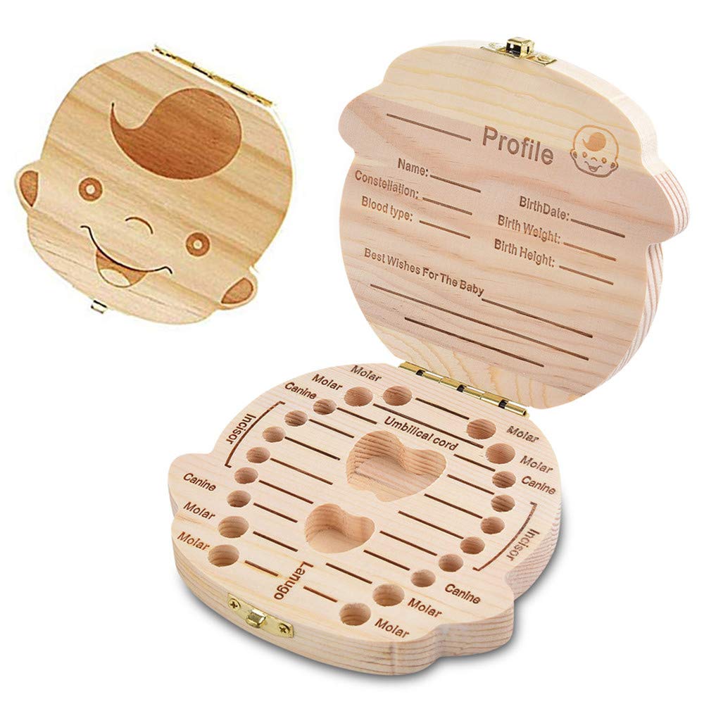 Baby Teeth Box Save Organizer, MUXItrade Wooden Tooth Keepsake Box for Baby, Kids Milk Teeth/Umbilical Cord/Lanugo Memory Storage Boxes Organizer for Boys