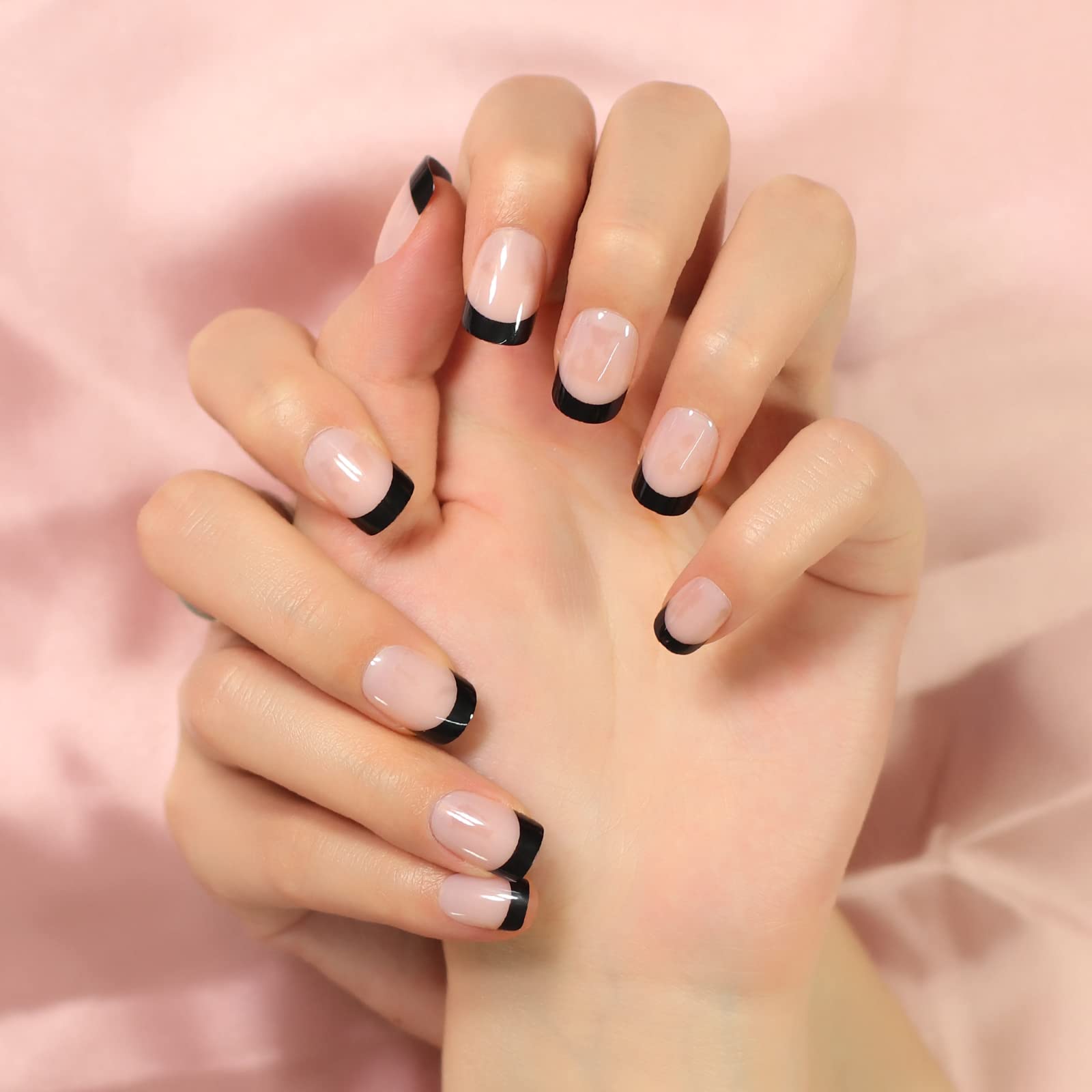 Black Tip Classy Finish Polish Press On Nails Medium-Short French Square Gel Acrylic Manicure DIY Reusable False Nails 24pcs - Image 3