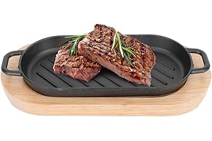 Cast Iron Steak Platter Pre- Seasoned Cast Iron Fajita Pan Sizzling Fajita Pan Skillet Japanese Steak Plate with Wood Underli