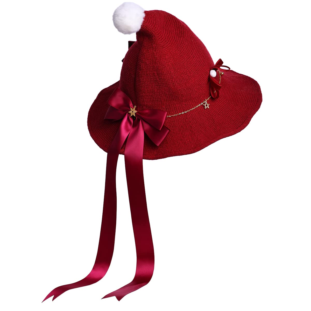 COSDREAMER Women Witch Hat Red Bows Wool Knit Cap for Halloween Christmas Party — image 1