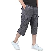 Men's Casual Twill Elastic Cargo Shorts Loose Fit Multi-Pocket 3/4 Capri Long Shorts Below Knee Casual with 7 Pockets