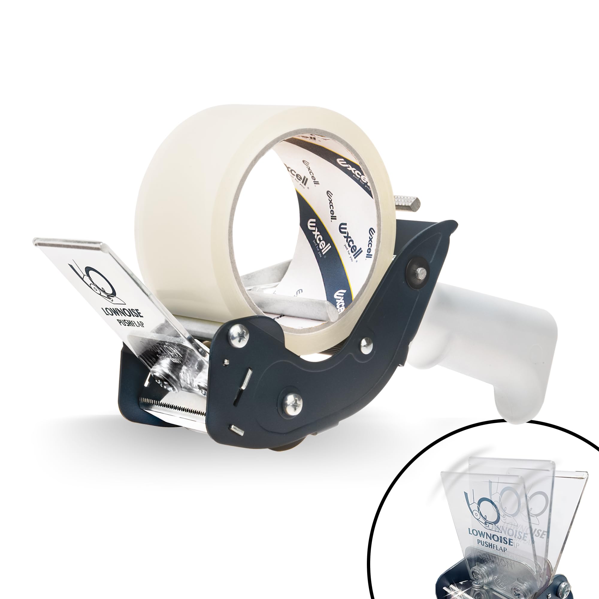 Excell Low Noise Packing Tape Gun with PUSHFLAP Cut, Retractable Safety Blade, Static Cling Strip & Rubber Roller, Fits 2” (50.8mm) Tape, Cores 1”–3”, Includes 1 Clear Tape Roll (48mm x 50m)