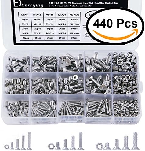 EDCarrying 440 Pcs M3 M4 M5 304 Stainless Steel Flat Head Hex Socket Cap Bolts Screws with Nuts Assortment Kit FSN-440S (Silver)