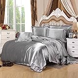 uxcell Silver Gray Satin Silk Duvet Cover Bedding Set Cushion Cover Pillow cases Set,Silk Sheet,Queen Size