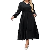 Hanna Nikole Women Plus Size Long Sleeve Casual Dress 2026 Spring V Neck Pleated Flowy Tiered Maxi Dresses with Pockets
