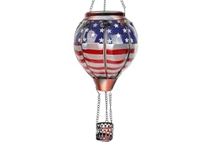 OUISJYER Hot Air Balloon Solar Lantern with Flickering Flame Hanging Solar Lanterns Outdoor Lights Waterproof Lanterns Decorative Garden Patio Yard Party Decor American flag