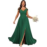Lousare Women's Off Shoulder Bridesmaid Dress Long Chiffon A-line Pleated Maxi Formal Party Dress LE004