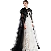 L'VOW Women's Gothic Feather Cloak Gothic Tulle Cape with Feather Collar Vampire Cloak Witches Cape Cosplay Costume