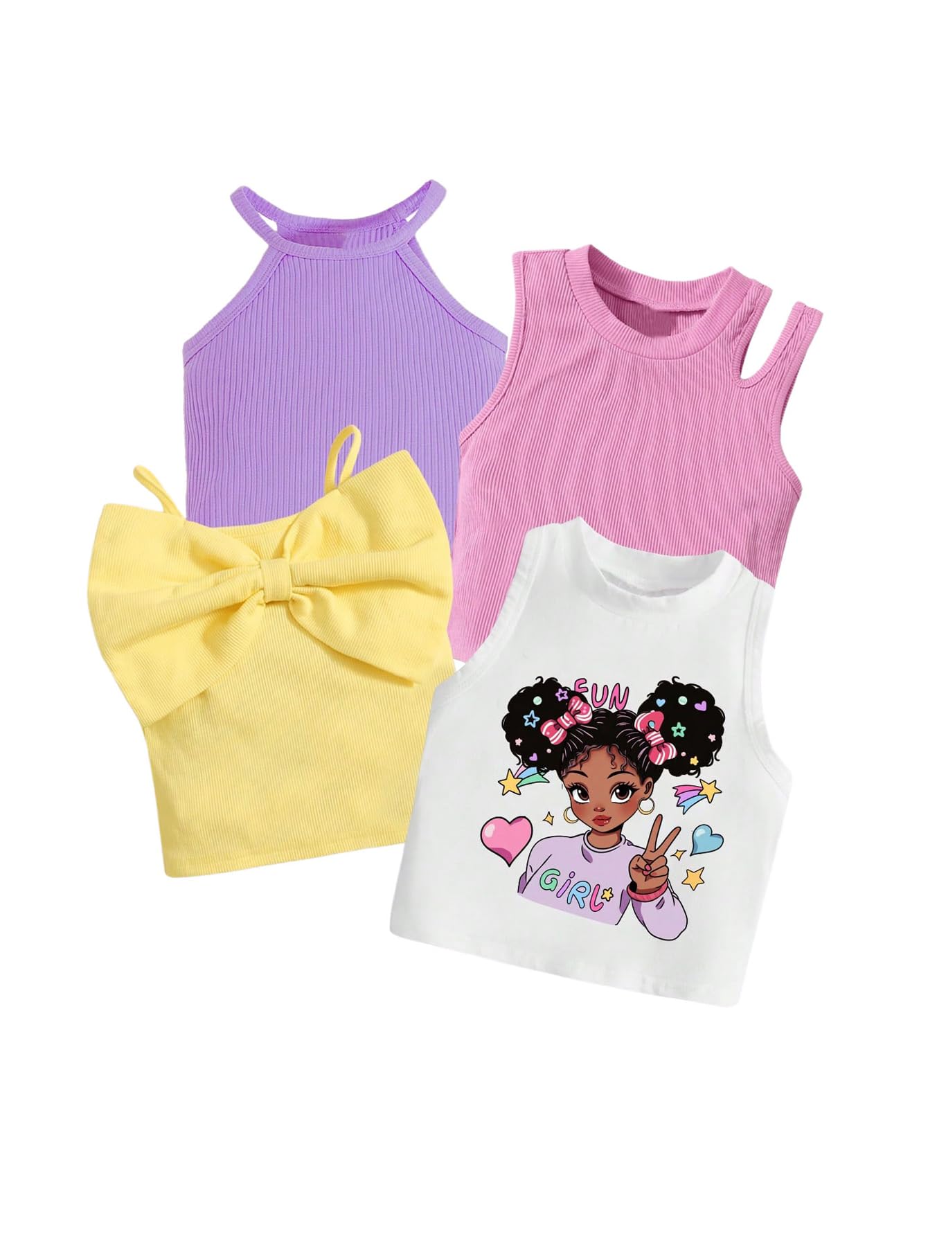 Photo 1 of OYOANGLE Girl's 4 Pack Cami Top Set Sleeveless Ribbed Knit Slim Fit Cute Crop Tank Tops Multicolor 10Y
