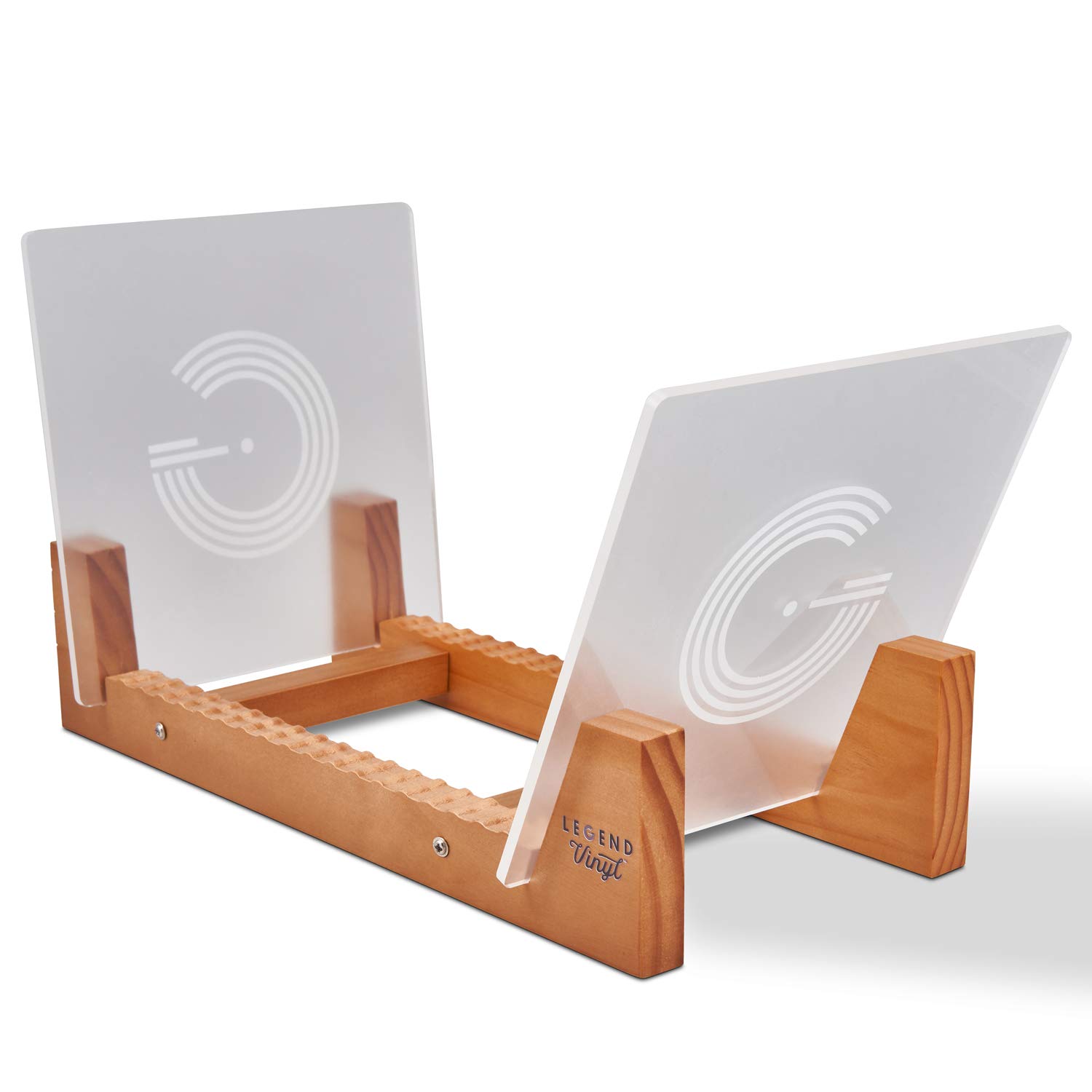 Legend Vinyl Record Display Shelf Unit in Vintage Oak with Acrylic Ends. Holds 50 Single or Double LPs and 7” Records. Includes Washable Lint-free Microfibre Cleaning Cloth