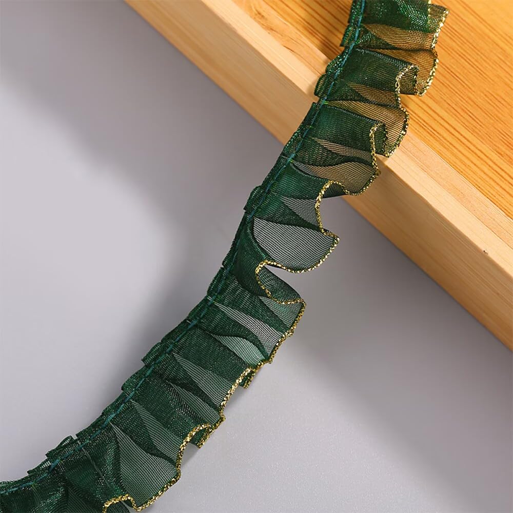 Wambere 5 Yards 2 cm Lace Ribbon, Gold Crinkled Yarn on One Side, Ruffle Lace Trim, Elastic Fabric, Lace Trim, for DIY, Sewing, Wedding, Decoration, Scrapbooking, Gift Wrapping, Dark Green