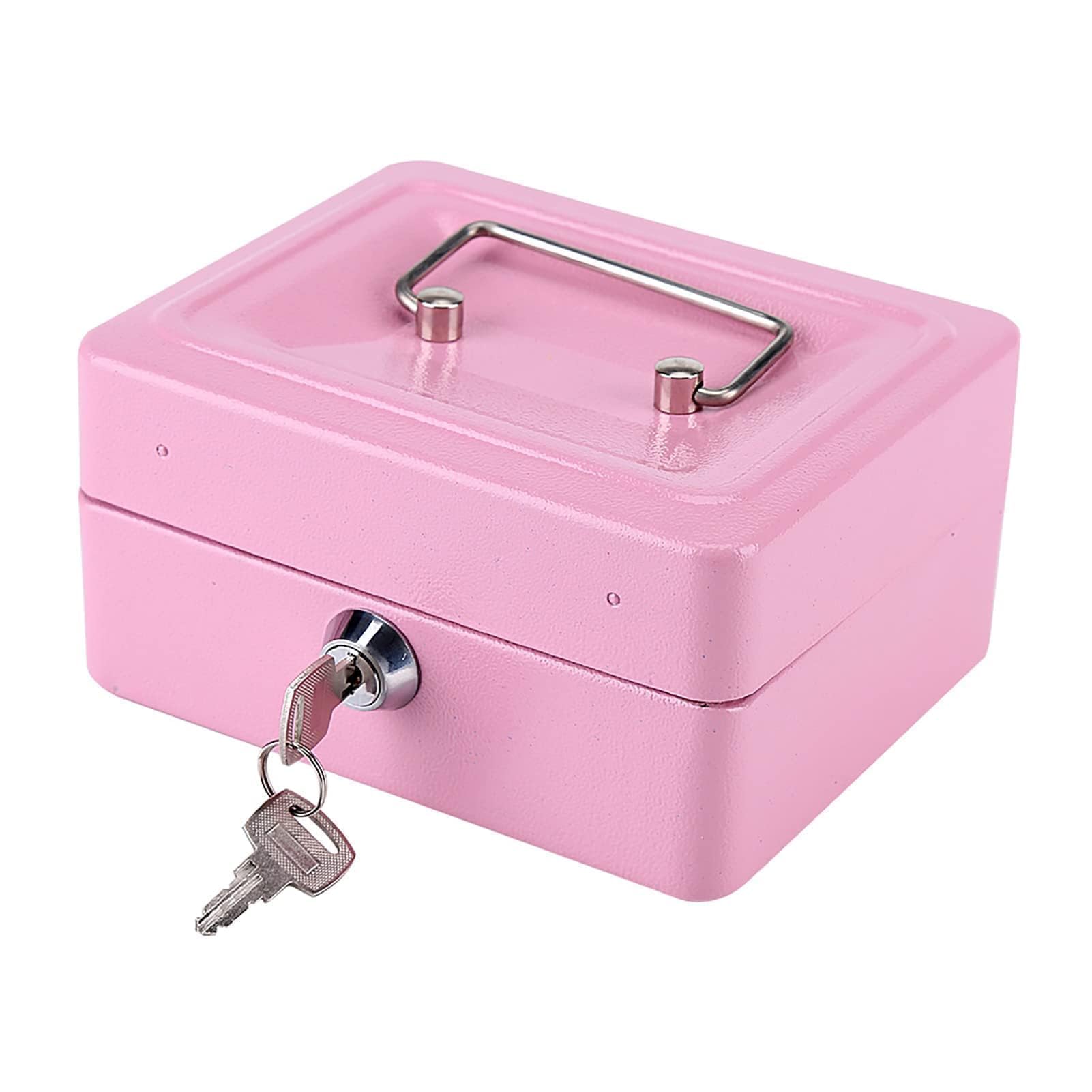 Mini Cash Box, Money Box Lock Box Cash Boxes with Keys Metal Storage Box Security Box Household with 2 Keys for Daily Use Traveling(Pink)
