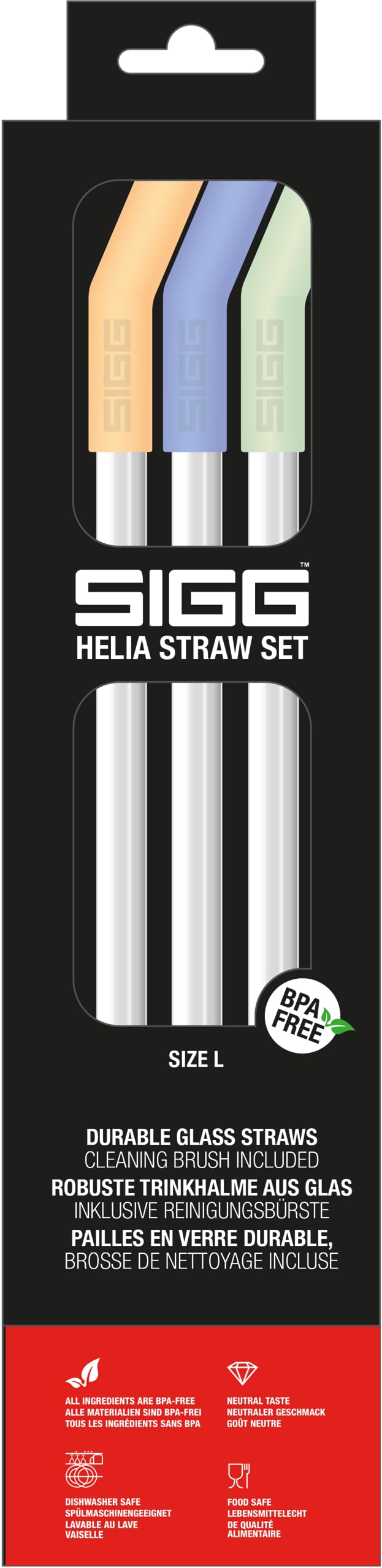 SIGG Helia Glas Straw Set (3 Pieces), Dishwasher-Safe Reusable Straws Made of Glas, Set of Drinking Straws with Straw Cleaner Included - Day Large