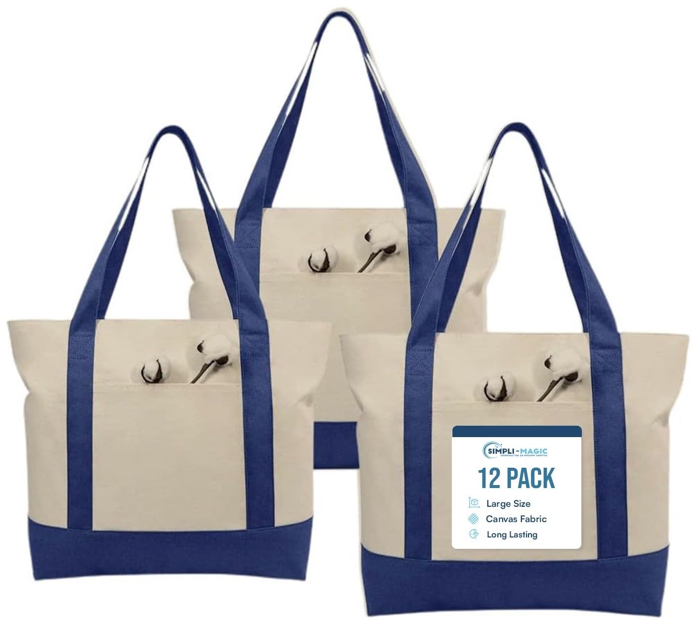Photo 1 of ****ONLY HAS 3 IN THE PACK NOT 12****Simpli-Magic Stylish Canvas Tote Bag with an External Pocket, Top Zipper Closure, Daily Essentials, 12 Pack, 20" x 15" x 6", Blue