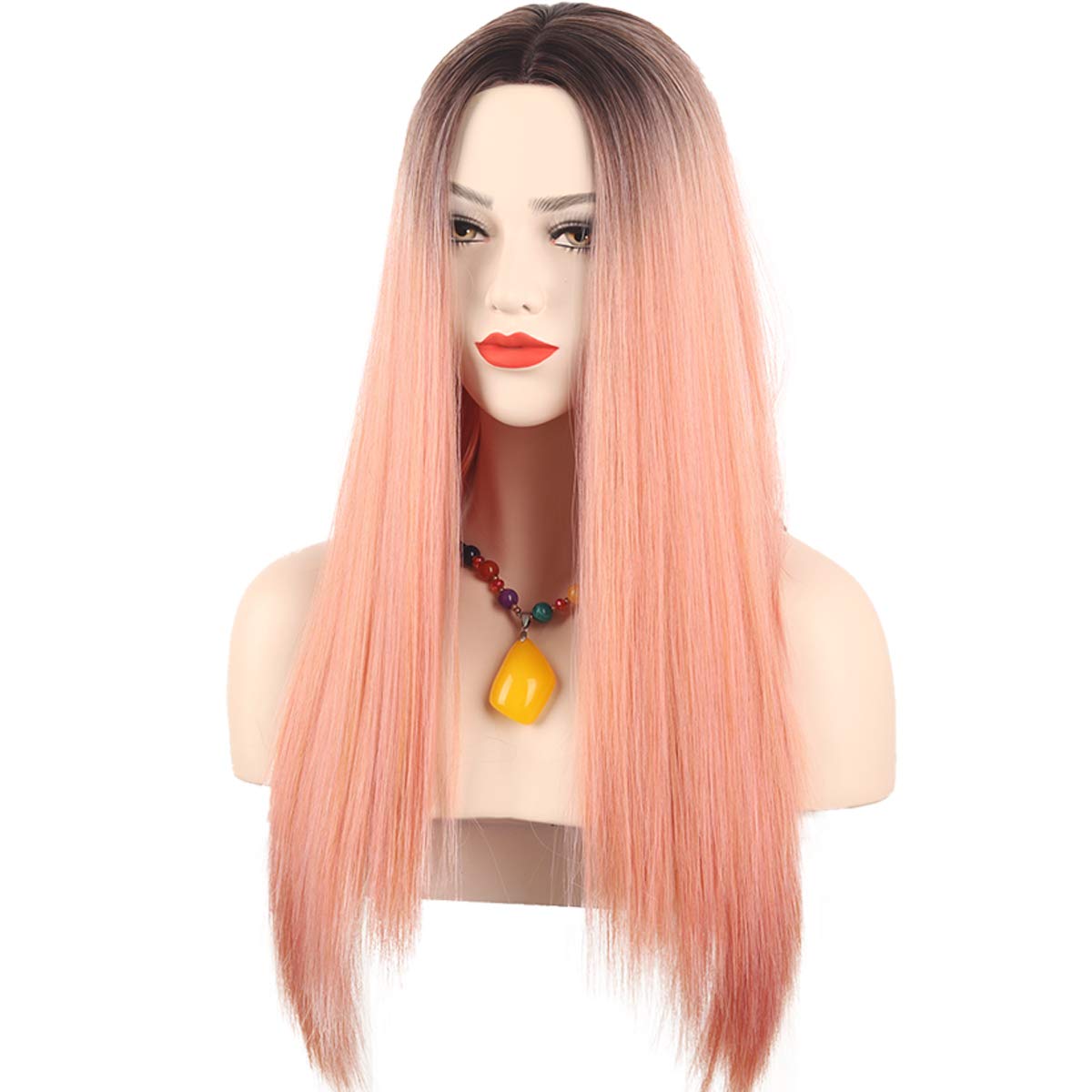 Ombre Pink Wig Natural Synthetic Hair Wig with Wig Cap Dark Brown Roots Pastel Pink Ombre Wigs for Women Synthetic Cosplay Halloween Wig (26inches/Ombre Pink)