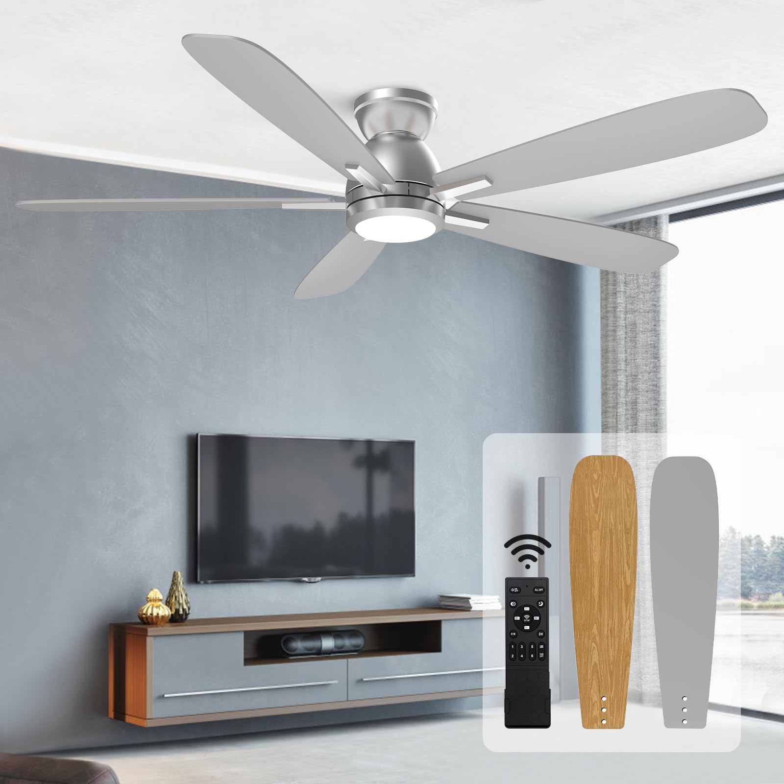 Photo 1 of ***FACTORY SEALED***JINIU Ceiling Fans with Lights, 52 inch Flush Mount Ceiling Fan with Remote Control, 5 Blades, Reversible, Innovative Stepless dimming and Color Temperature, Ceiling Fan for Living Room, Bedroom