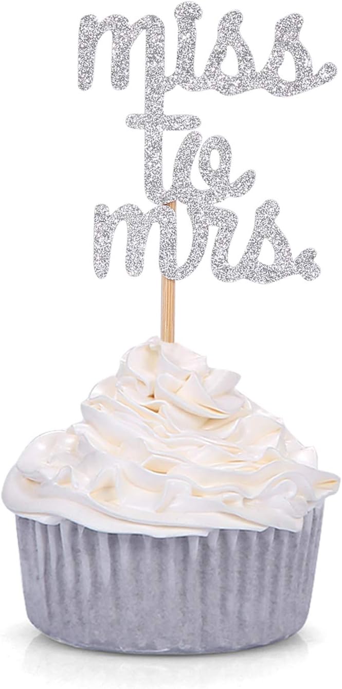 24 CT Silver Glitter Miss to Mrs Cupcake Toppers Wedding Bridal Shower Engagement Party Decors