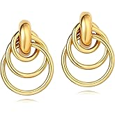 Chunky Gold Earrings for Women - 18K Gold Plated Drop Earrings Dangle, Lightweight Circle Link Chain Statement Earrings for Lady Girls Trendy Jewelry Christmas Birthday Gifts