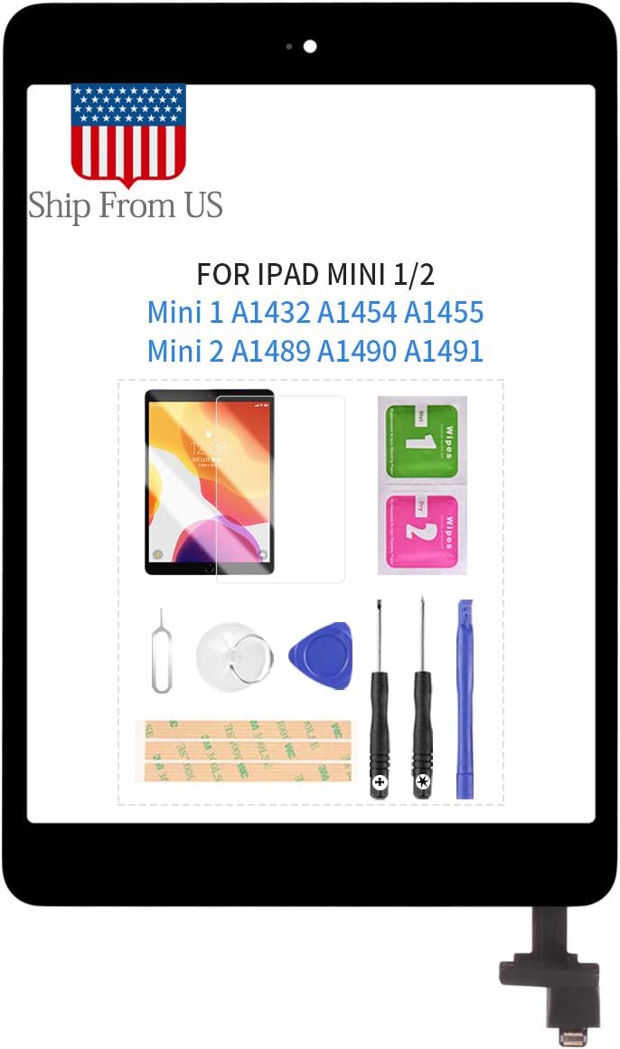 Digitizer Screen Replacement for iPad Mini 1 2 Mini1 A1432 A1454 A1455 Mini2 A1489 A1490 A1491 Touch Screen Glass Panel with Home Button and IC Connector Touchscreen Free Tools Kits (Black)