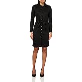 Halston Womens Long Sleeve Collared V-Neck Button Front Belted Shirt Dress