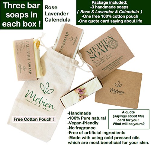 Mebien Organic Vegan Soap Bar - Homemade Natural Luxury handmade gift set for women body hand face bath Rose Lavender Calendula 3x3.5 oz