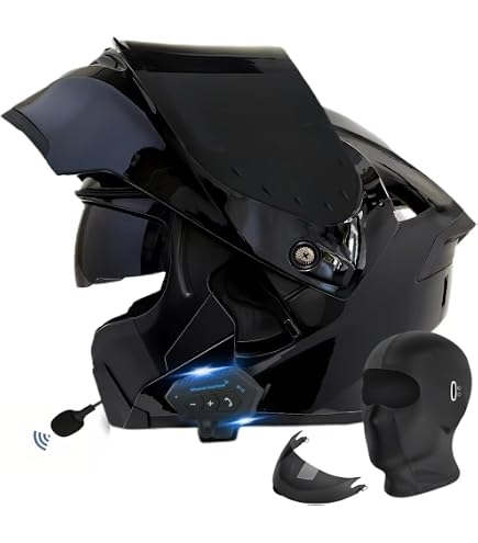 Bluetooth Motorcycle Helmet,Modular Motorcycle Helmet with Bluetooth,DOT Approved Dual Visor Full Face Flip up Bluetooth Integrated Motorcycle Helmets for Adults Men Women (Bright Black, Medium) : Automotive