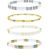 Agriajun Tila Flat Gold Beaded Bracelets Stack Set for Women,Trendy Handmade Miyuki Colorful Beads Stretch Bracelet Festive Outfit Accessories Jewelry Gift.