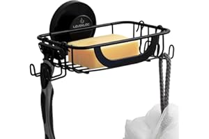 LEVERLOC Bar Soap Holder with 4 Hooks, Wall Mounted Soap Dish Suction Cup for Shower, Stainless Steel, NO-Drilling, Removable