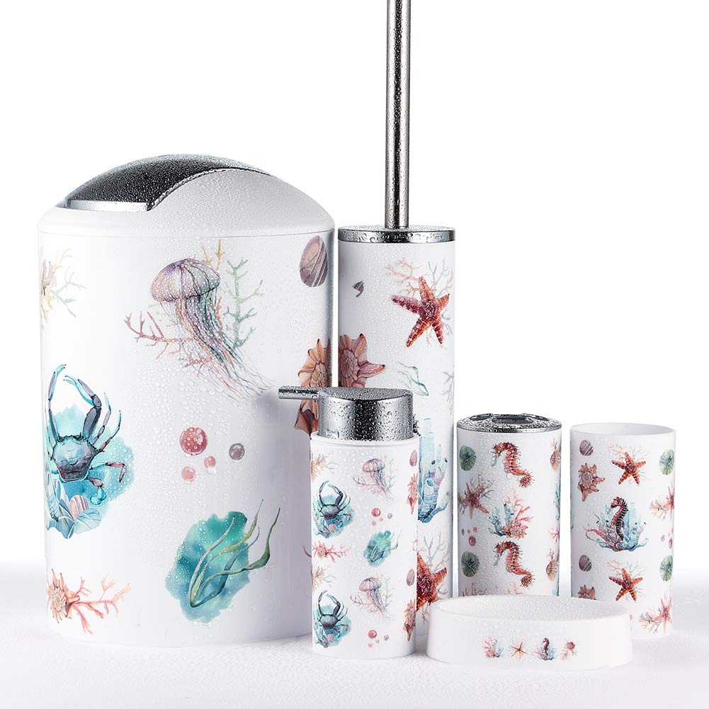 JOTOM Modern Design 6 Piece Plastic Bathroom Accessory Set Luxury Bath Accessories Bath Set Lotion Bottles,Toothbrush Holder,Tooth Mug,Soap Dish,Toilet Brush,Rubbish(Seahorse)