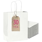 Bakepacker 30-Pack Medium Size Gift Paper Bags with Handles Bulk 10.6"x8.3"x4.3" White Party Shopping Bags