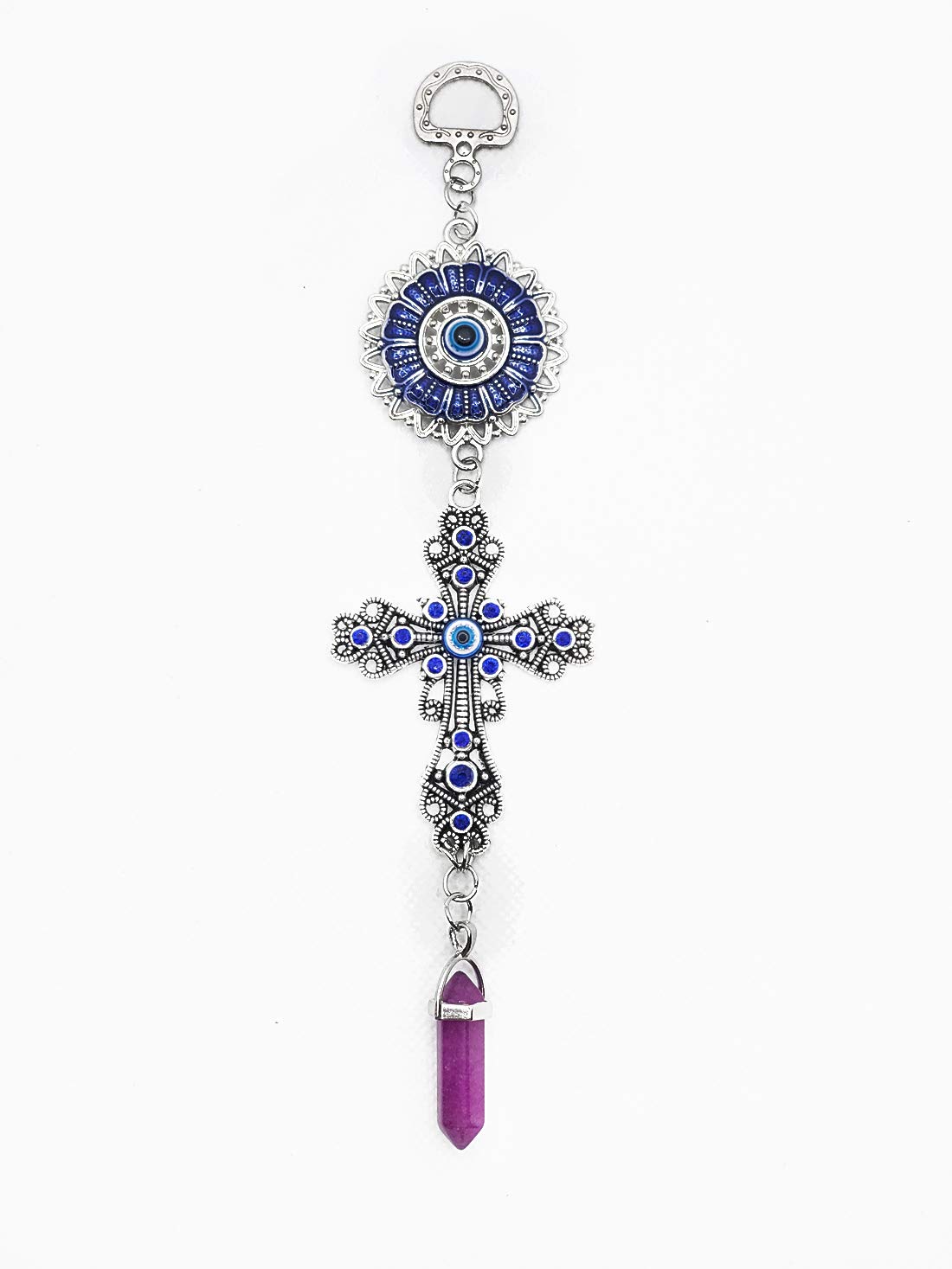 LUCKBOOSTIUM Blue Crystal Inlayed Cross & Blue Mandala Evil Eye Amulet w/Hanging Healing Stone - Nature, Energy, Rebirth, Growth Charms - Car & Home Lucky Charm Ornament (2"x8", Amethyst)
