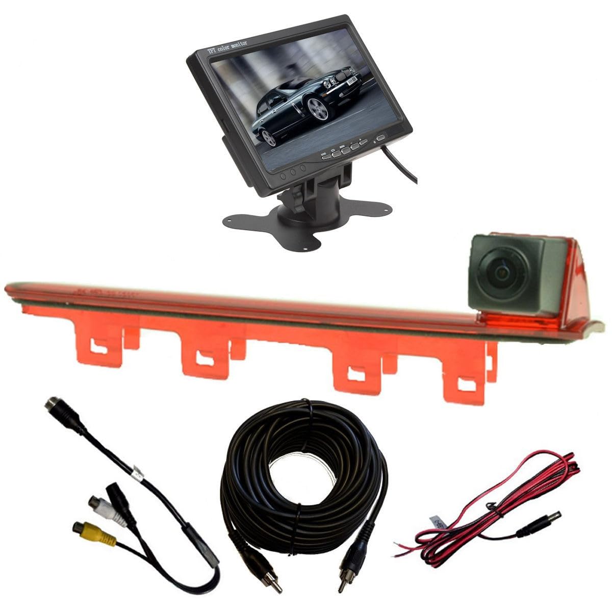 Dolphin Automotive Reversing Camera Fits VW Transporter Van T5 T6 High Level Brake Light Replacement Mounting - Double Doors - 2003 Onwards (Camera With 7" Dash Monitor)
