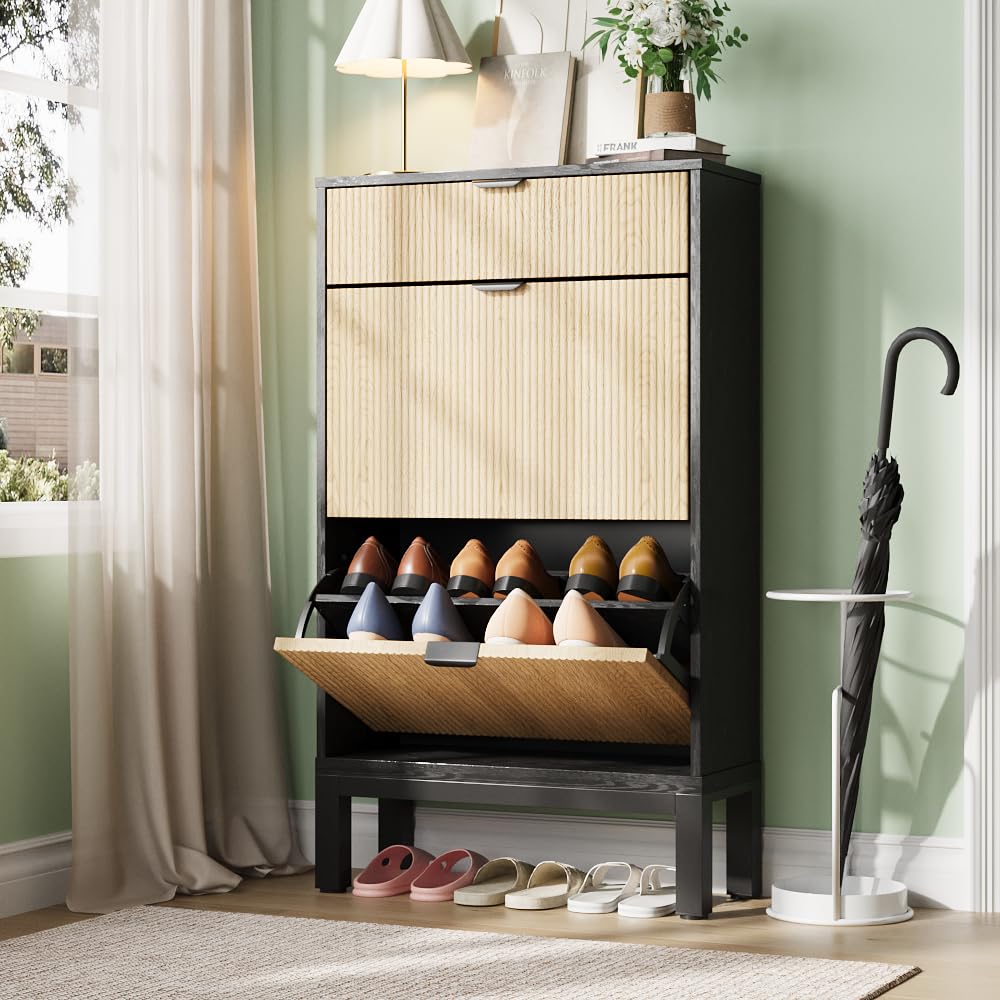 Photo 1 of  GarveeHome Shoe Storage Cabinet with 2 Flip Drawers, Farmhouse Fluted Shoe Organizer with Metal Legs, Freestanding Hidden Slim Narrow Shoe Rack for Entryway, Foyer, Hallway