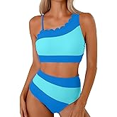 Herseas Women's One Shoulder Petal Edges Bikini Sets Color Block Swimsuits High Waisted Bathing Suits