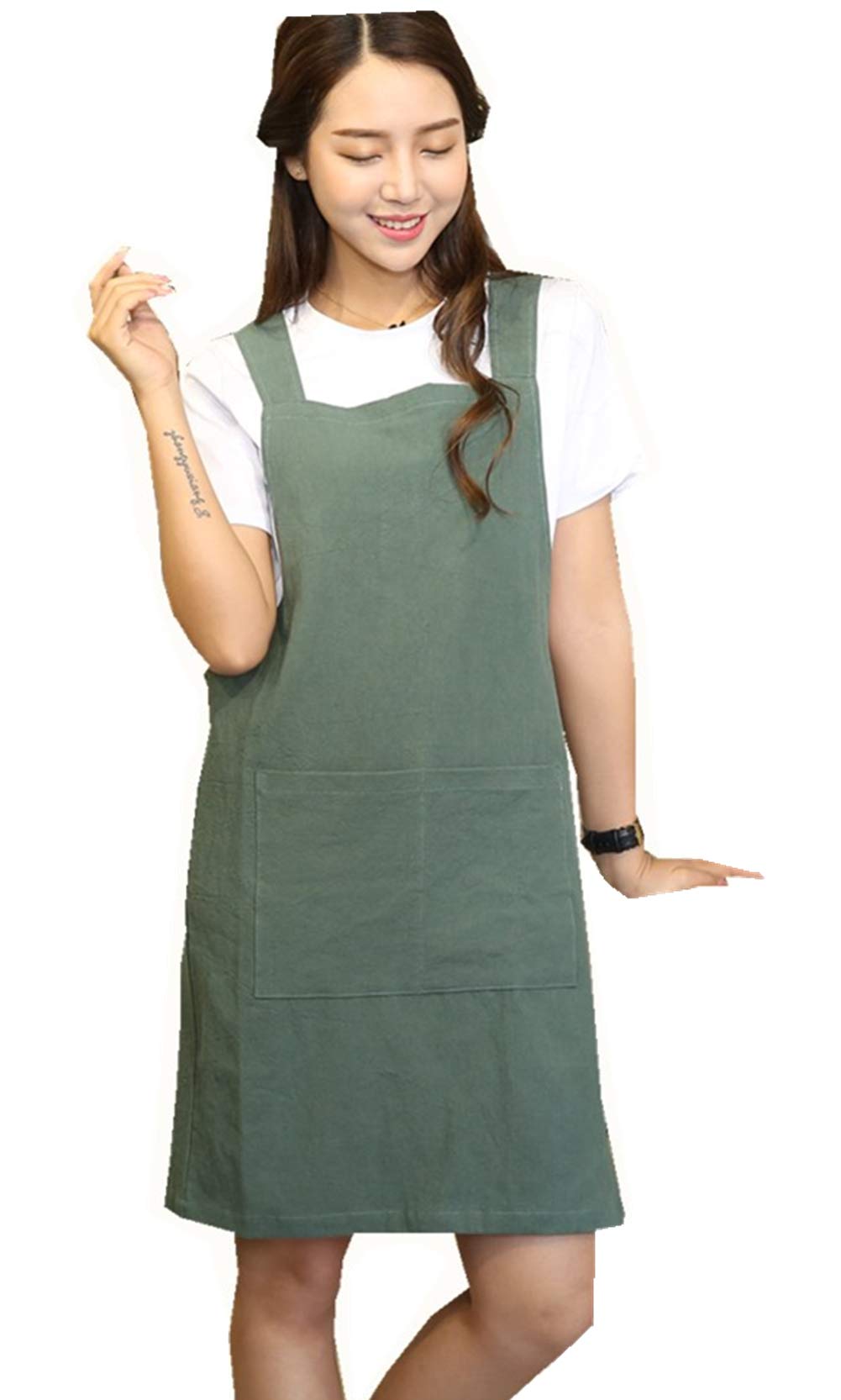 AOBBYBBS H Shoulder Straps Soft Cotton Linen Apron Solid Color Halter Cross Bandage Aprons Japan Style X Shape Kitchen Cooking Clothes Chef Summer Fit (Army Green)