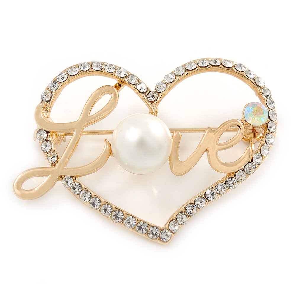 Gold Plated Clear Crystal, Pearl, Love Open Heart Brooch - 40mm