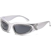 LJCZKA Y2K Rhinestone Wrap Around Sunglasses for Women Men Diamond Oval Sun Glasses Trendy Bling Punk Shield Shades