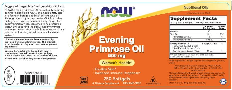 NOW Supplements, Evening Primrose Oil 500 mg with Naturally Occurring GLA (Gamma-Linolenic Acid), 250 Softgels: Health & Personal Care