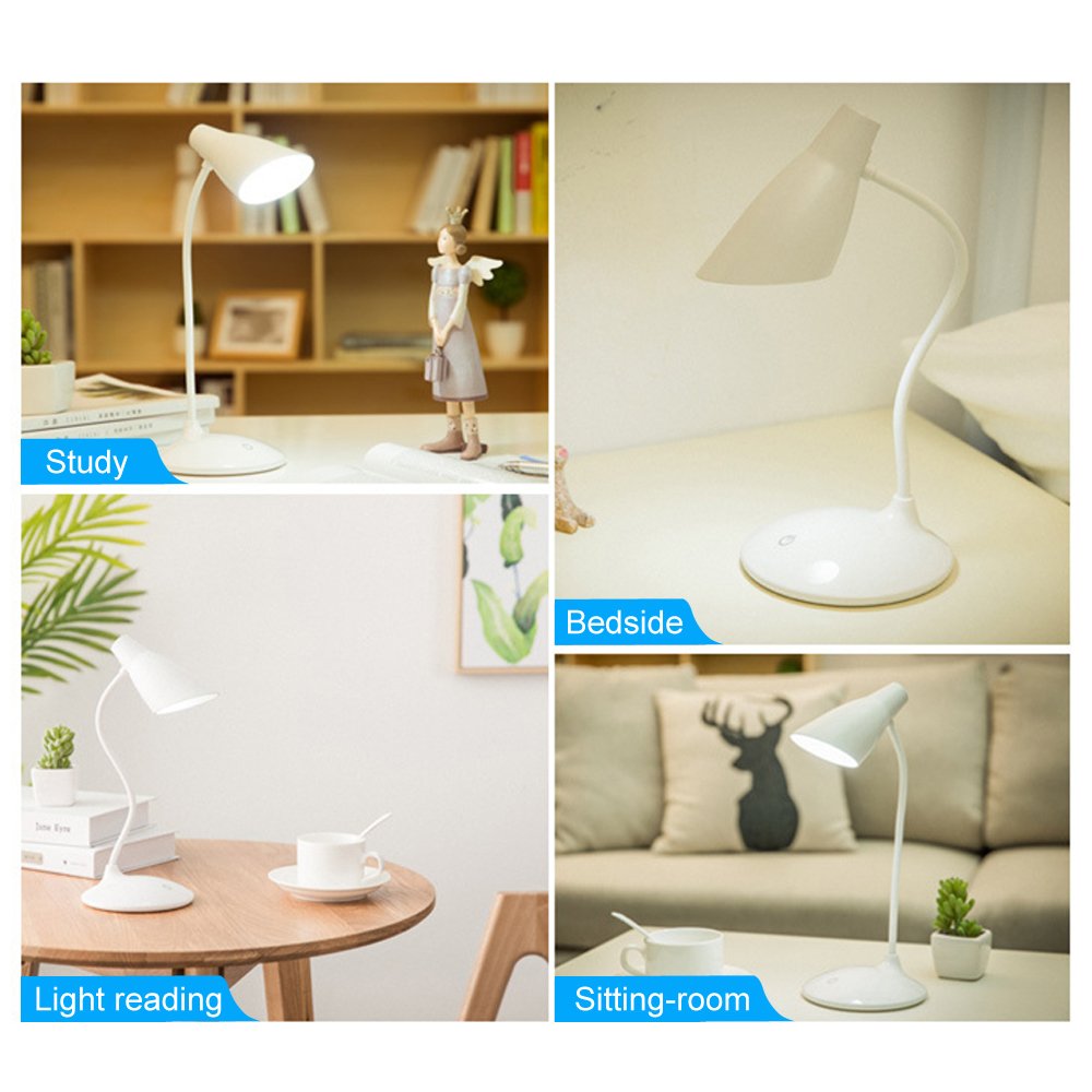LED Desk Lamp, Flexible Gooseneck Table Lamp, Dimmable Office Reading Lamp with USB Charging Port, Rechargeable, 3 Brightness Levels, White