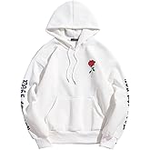 ZAFUL Men's Fleece Hoodie Unisex Rose Letter Print Hooded Pullover Kangaroo Pocket Sweatshirt